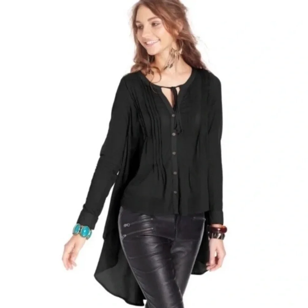Free People • Sisters of the Moon blouse sheer black batiste high low pintuck